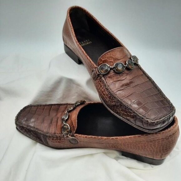 Stuart Weitzman Brown Italian leather Croc Embossed Gem Embellished loafers sz 7 - Picture 1 of 4